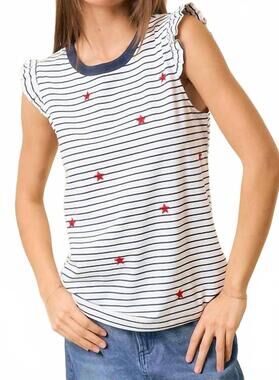 NEW DOE AND RAE ruffle star embroidered tank top in navy